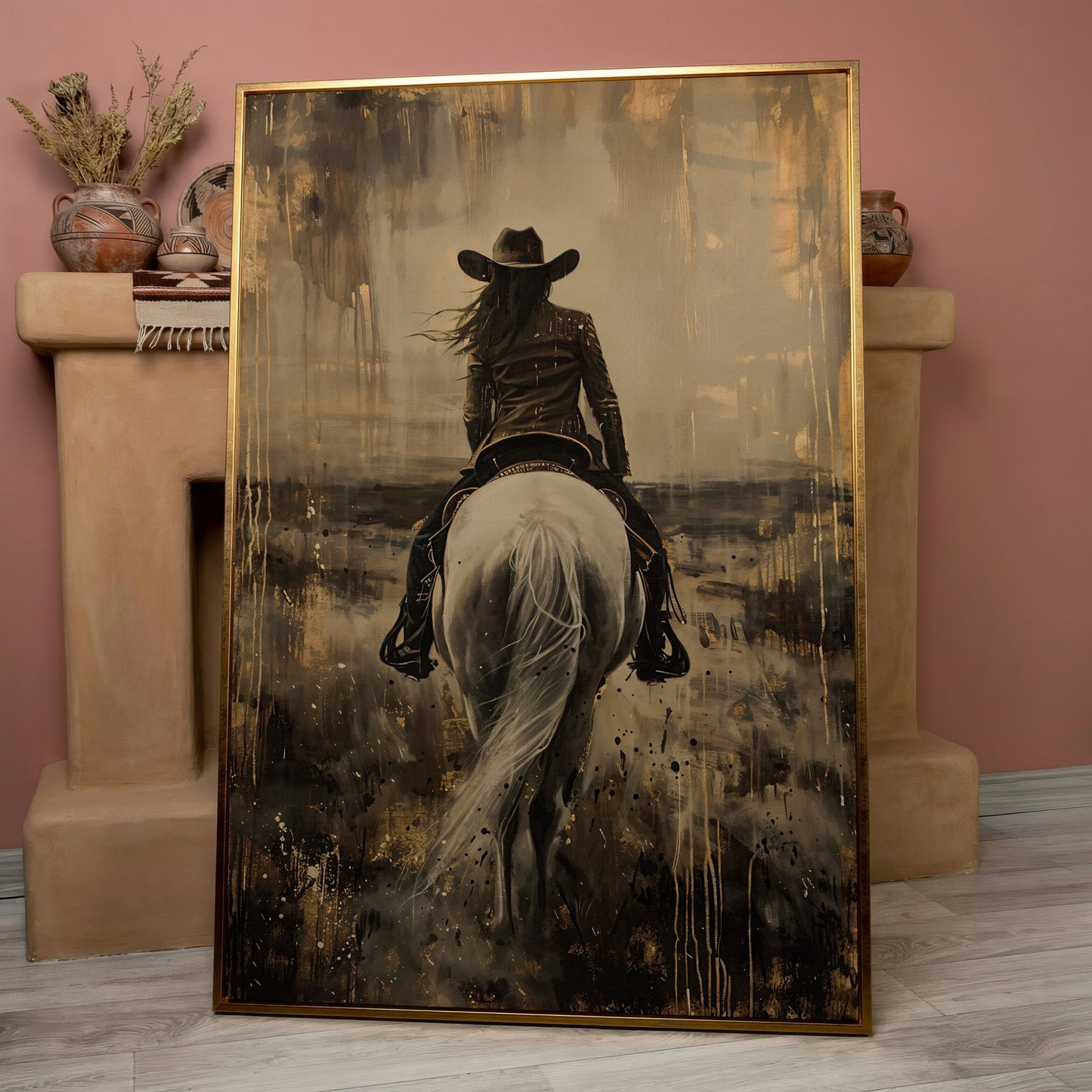 Cowgirl on Horseback Canvas Print in Sepia in rose gold floating frame