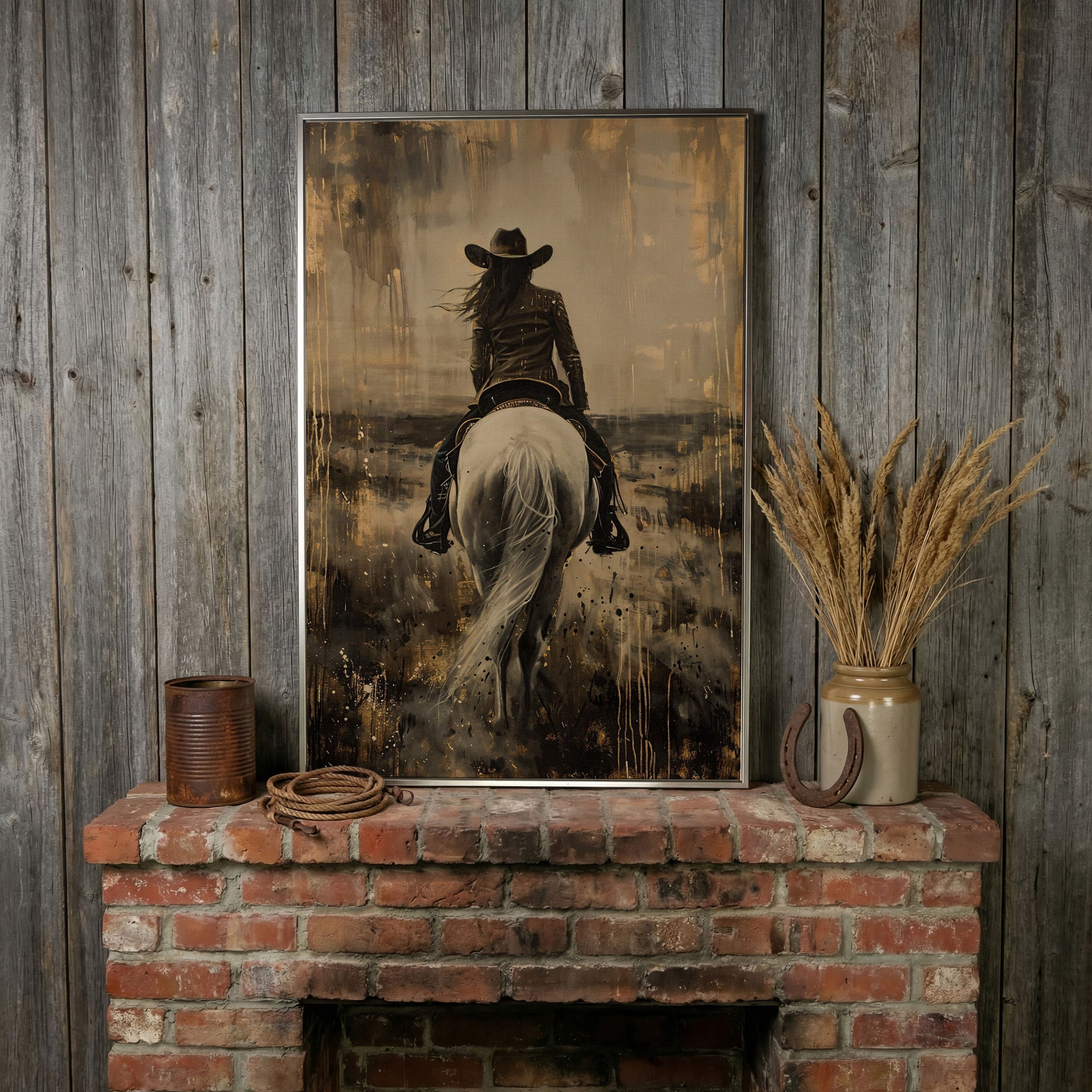 Cowgirl on Horseback Canvas Print in Sepia in silver floating frame