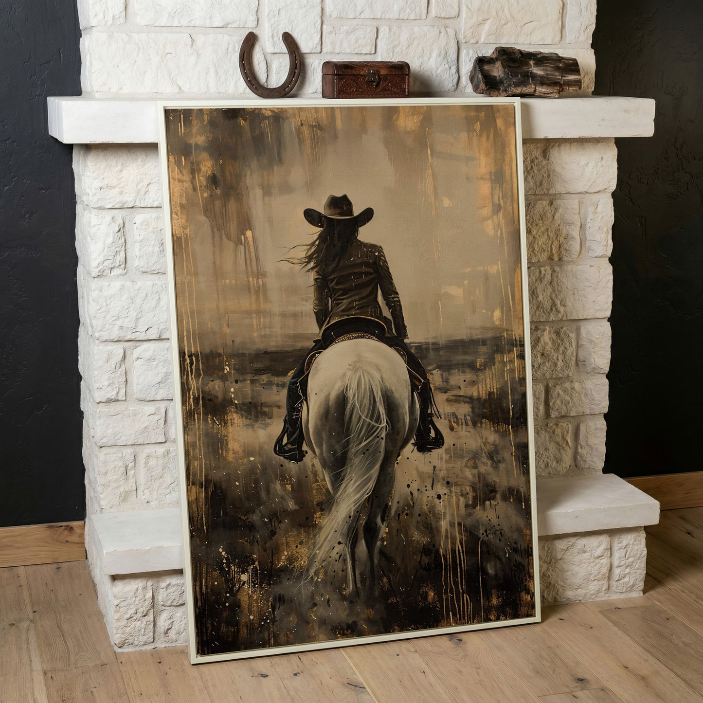 Cowgirl on Horseback Canvas Print in Sepia in white floating frame