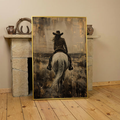 Cowgirl on Horseback Canvas Print in Sepia in yellow gold floating frame
