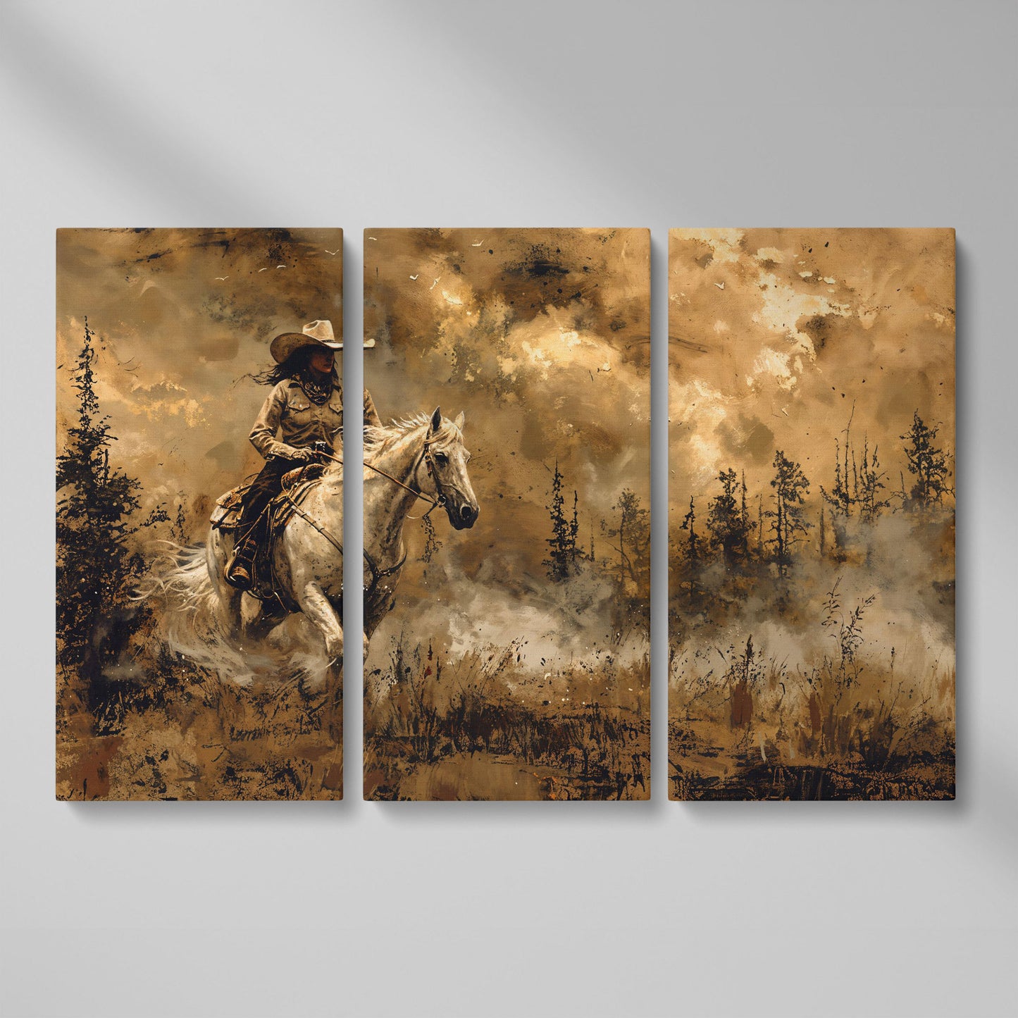 Cowgirl on Horseback Canvas, Sepia Countryside as 3-panel split version