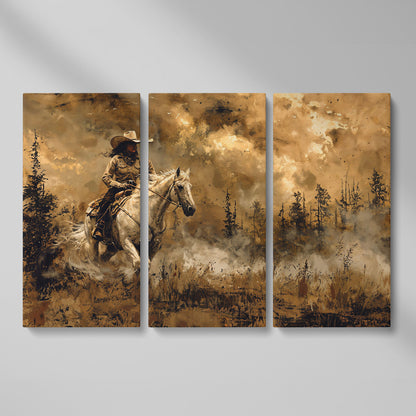 Cowgirl on Horseback Canvas, Sepia Countryside as 3-panel split version
