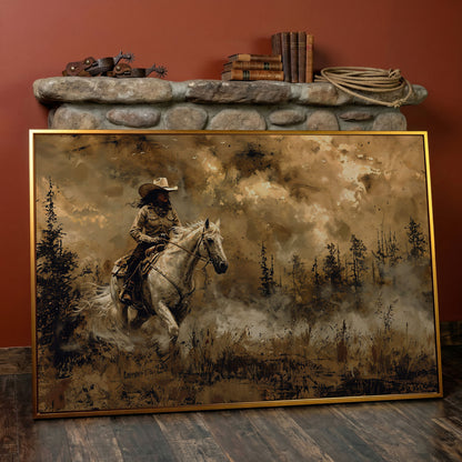 Cowgirl on Horseback Canvas, Sepia Countryside in antique gold floating frame
