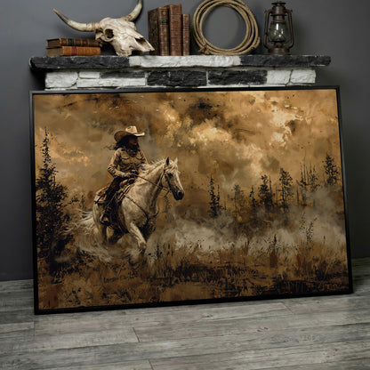 Cowgirl on Horseback Canvas, Sepia Countryside in black floating frame