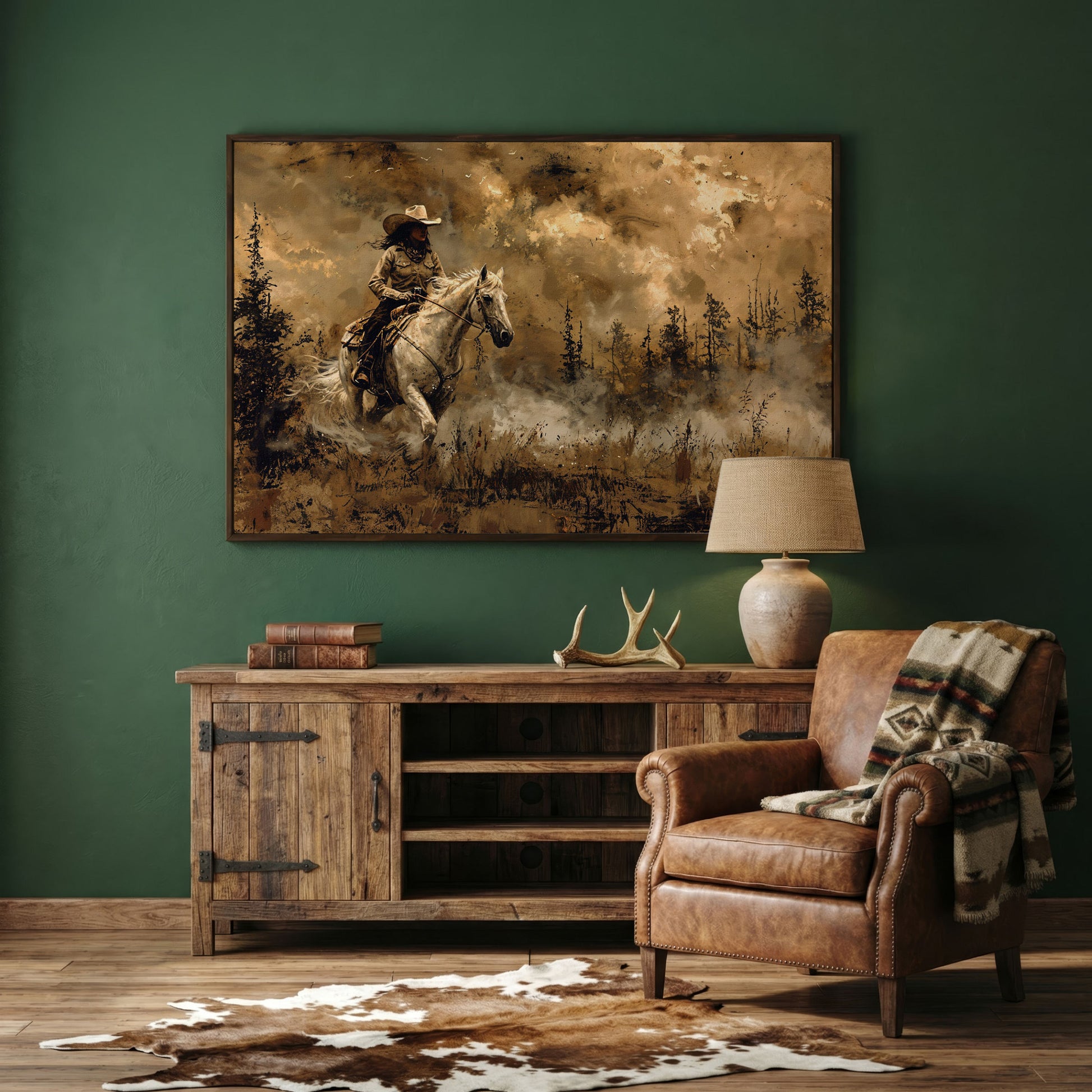Cowgirl on Horseback Canvas, Sepia Countryside in dark walnut floating frame