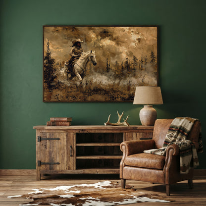 Cowgirl on Horseback Canvas, Sepia Countryside in dark walnut floating frame