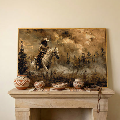 Cowgirl on Horseback Canvas, Sepia Countryside in white oak floating frame