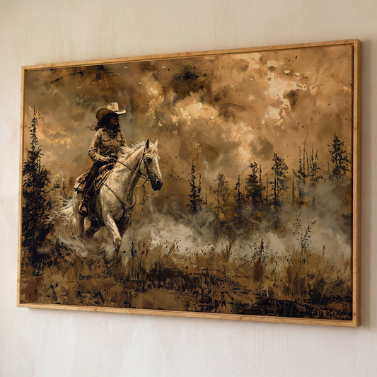 Cowgirl on Horseback Canvas, Sepia Countryside shown in white oak floating frame