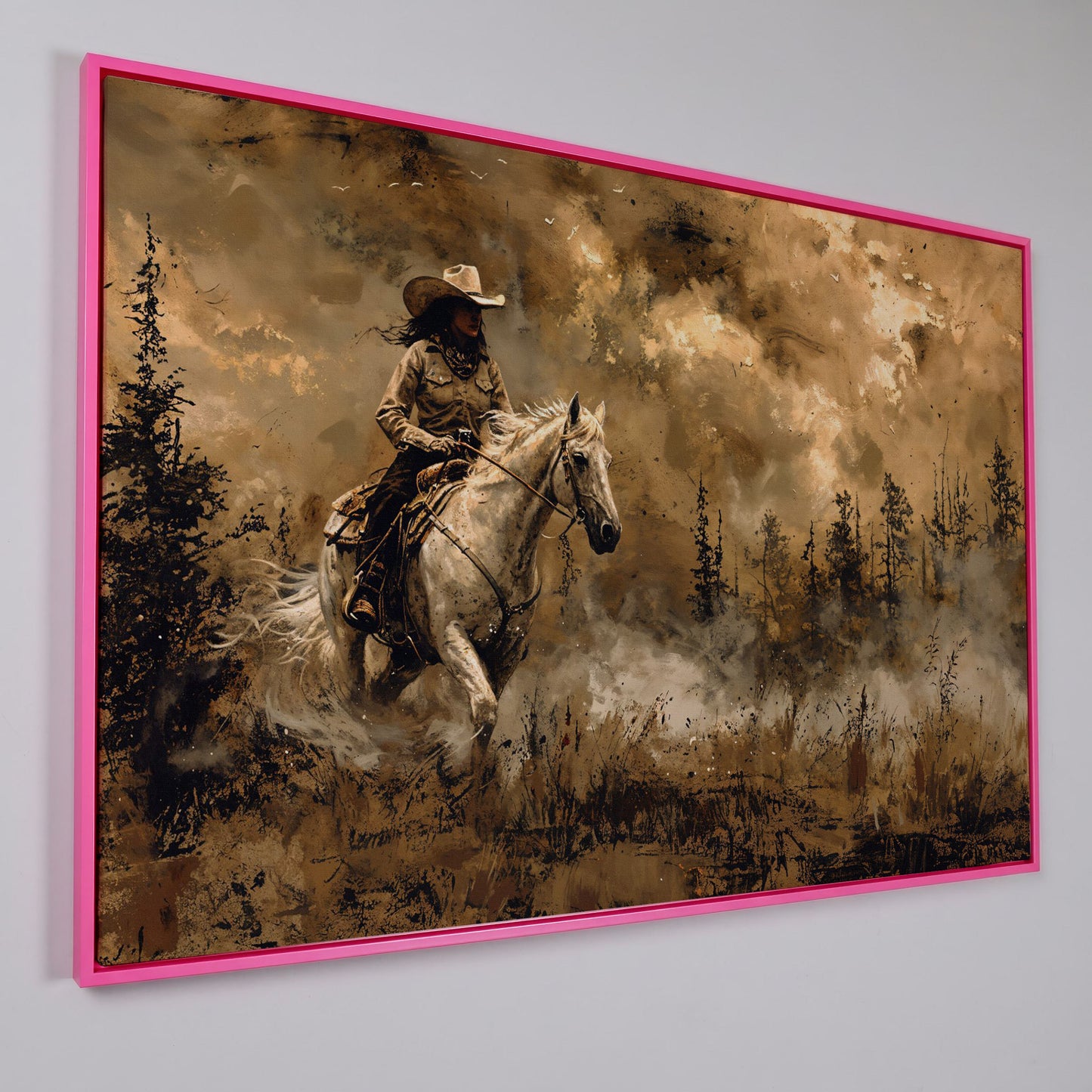 Cowgirl on Horseback Canvas, Sepia Countryside in pink floating frame