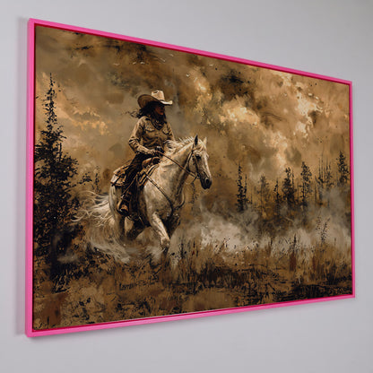 Cowgirl on Horseback Canvas, Sepia Countryside in pink floating frame