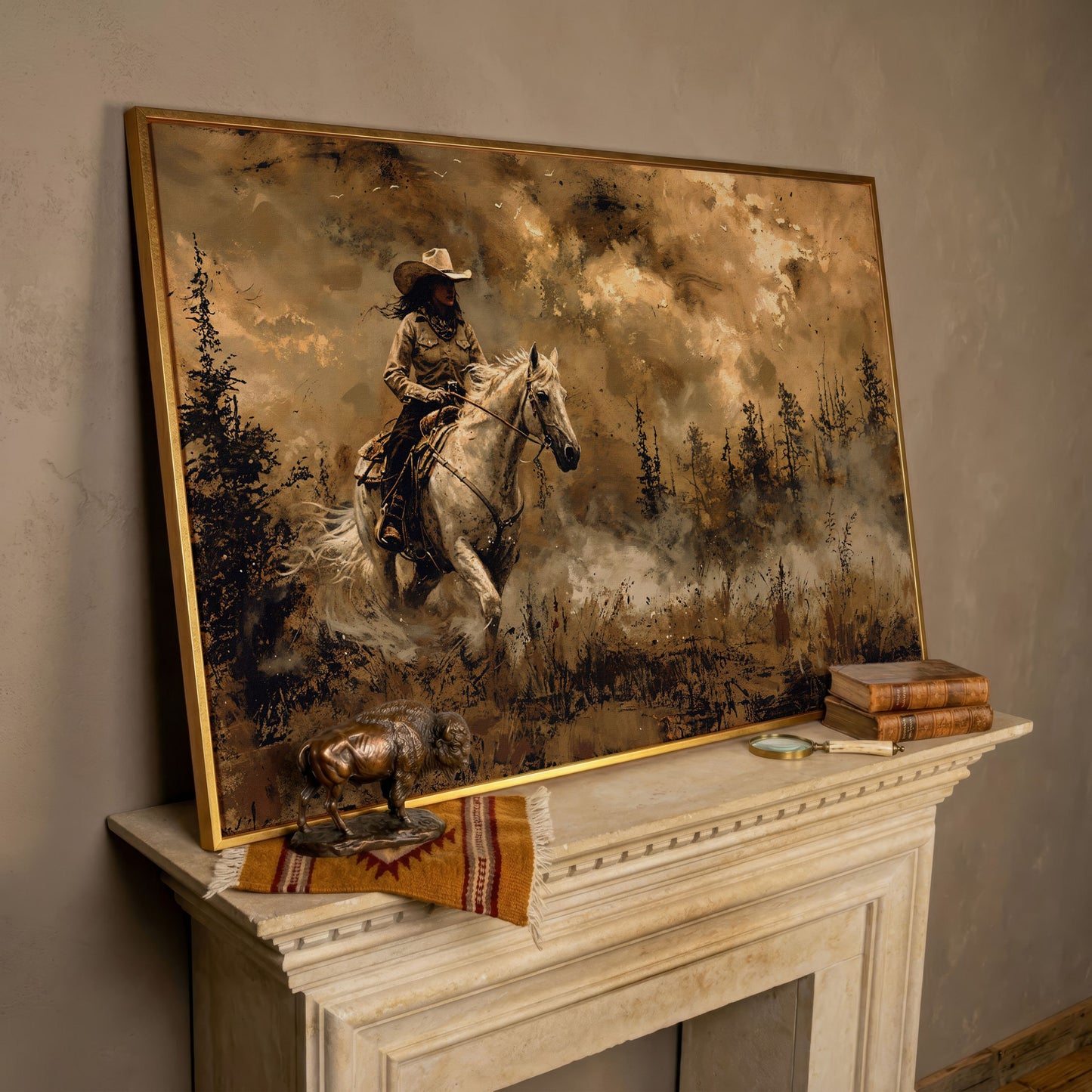 Cowgirl on Horseback Canvas, Sepia Countryside in rose gold floating frame