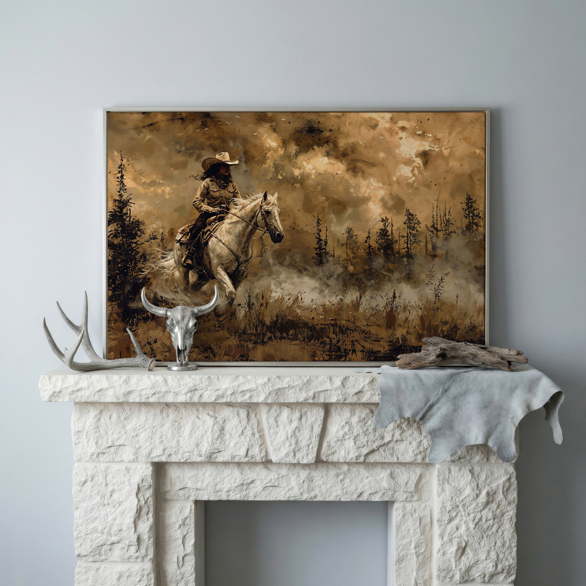 Cowgirl on Horseback Canvas, Sepia Countryside in silver floating frame
