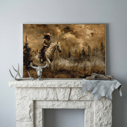 Cowgirl on Horseback Canvas, Sepia Countryside in silver floating frame