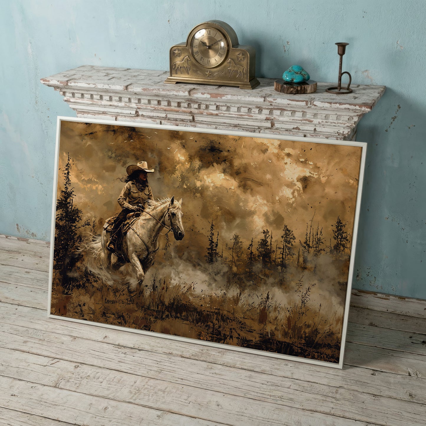 Cowgirl on Horseback Canvas, Sepia Countryside in white floating frame