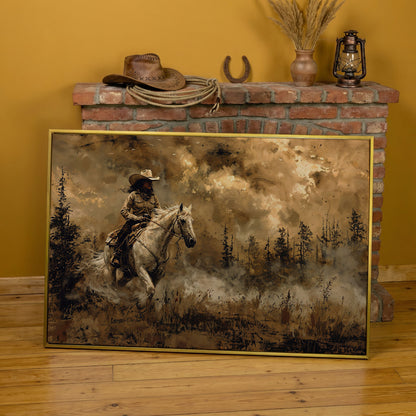Cowgirl on Horseback Canvas, Sepia Countryside in yellow gold floating frame