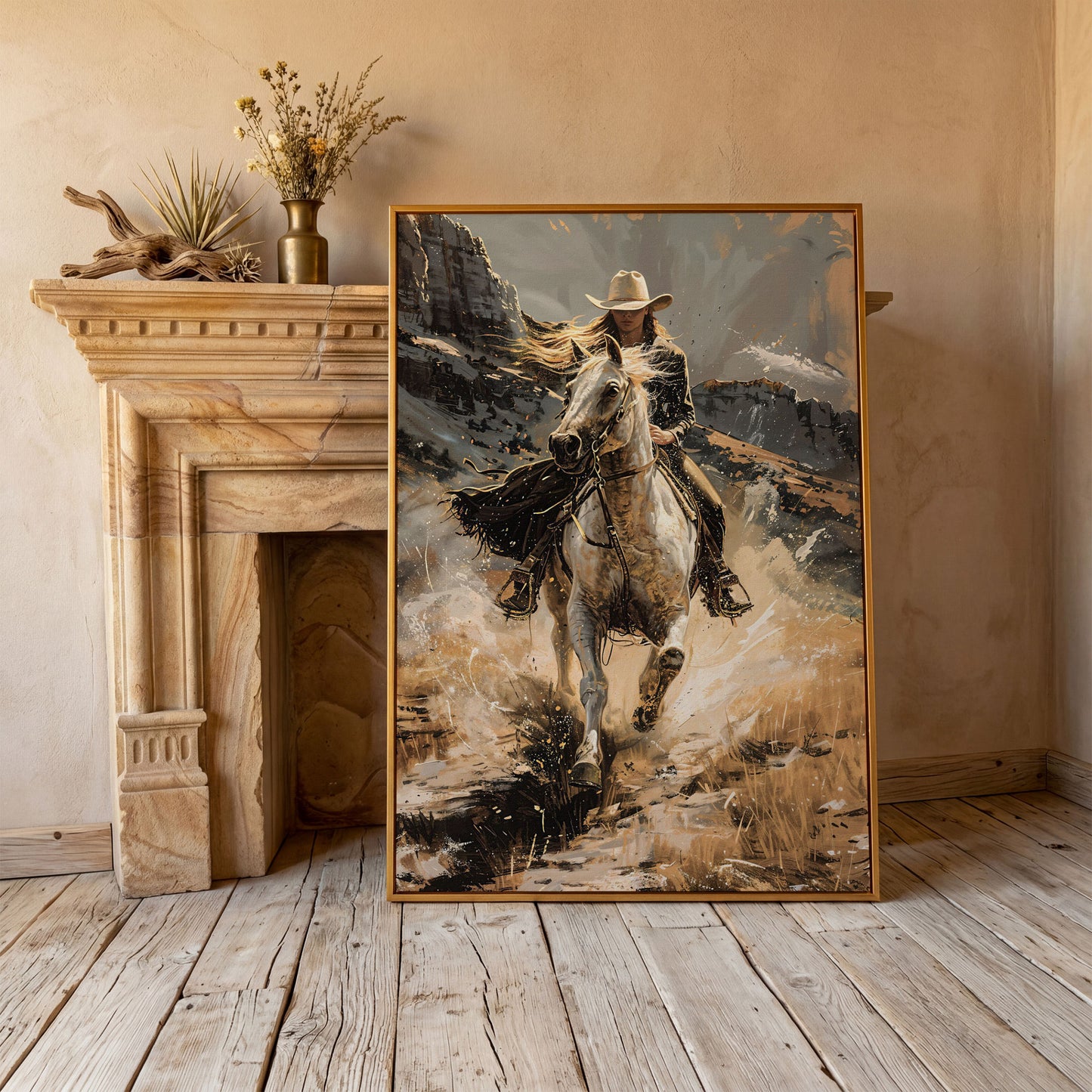 Galloping Cowgirl Canvas Print, Ochre Western Art in antique gold floating frame