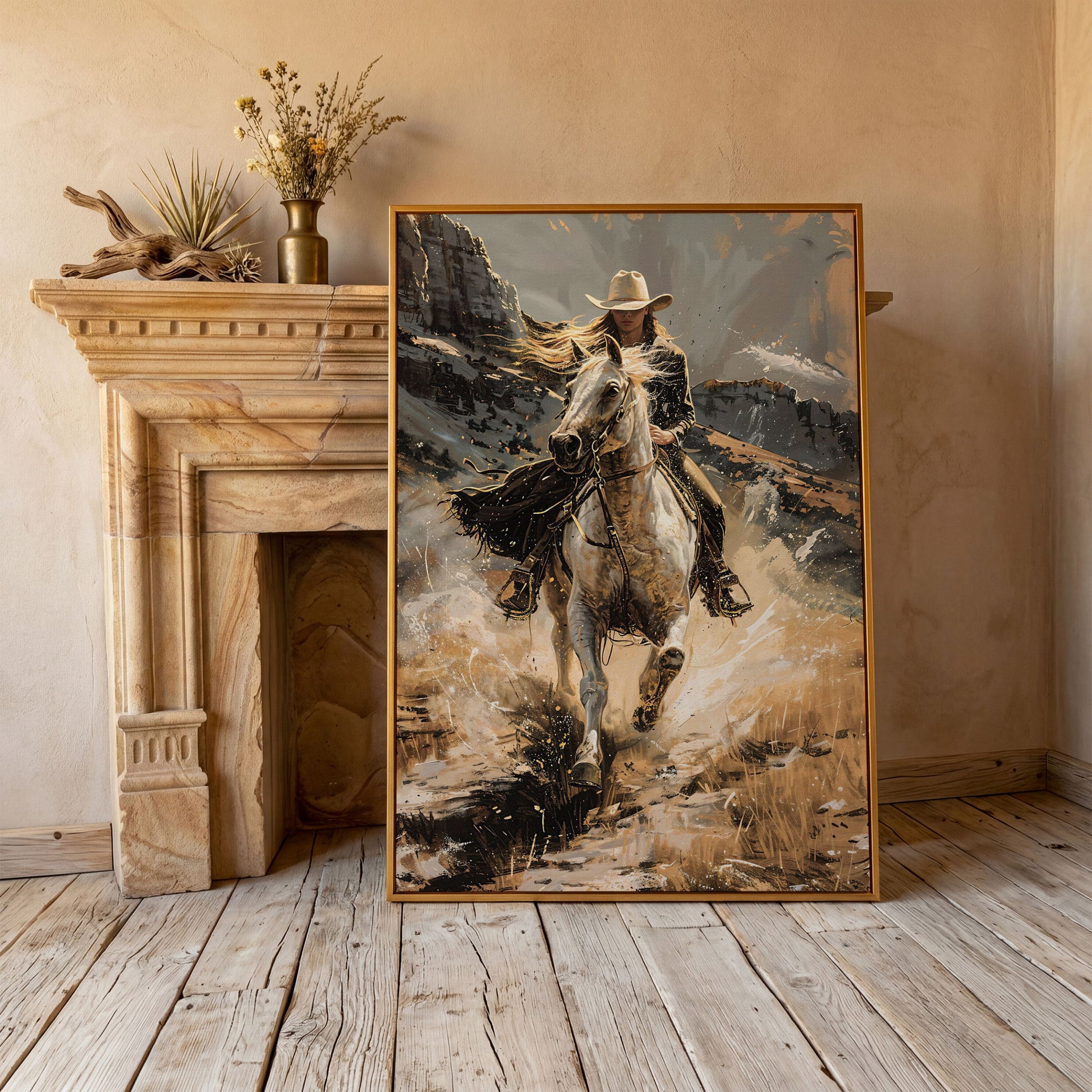 Galloping Cowgirl Canvas Print, Ochre Western Art in antique gold floating frame