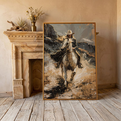 Galloping Cowgirl Canvas Print, Ochre Western Art in antique gold floating frame