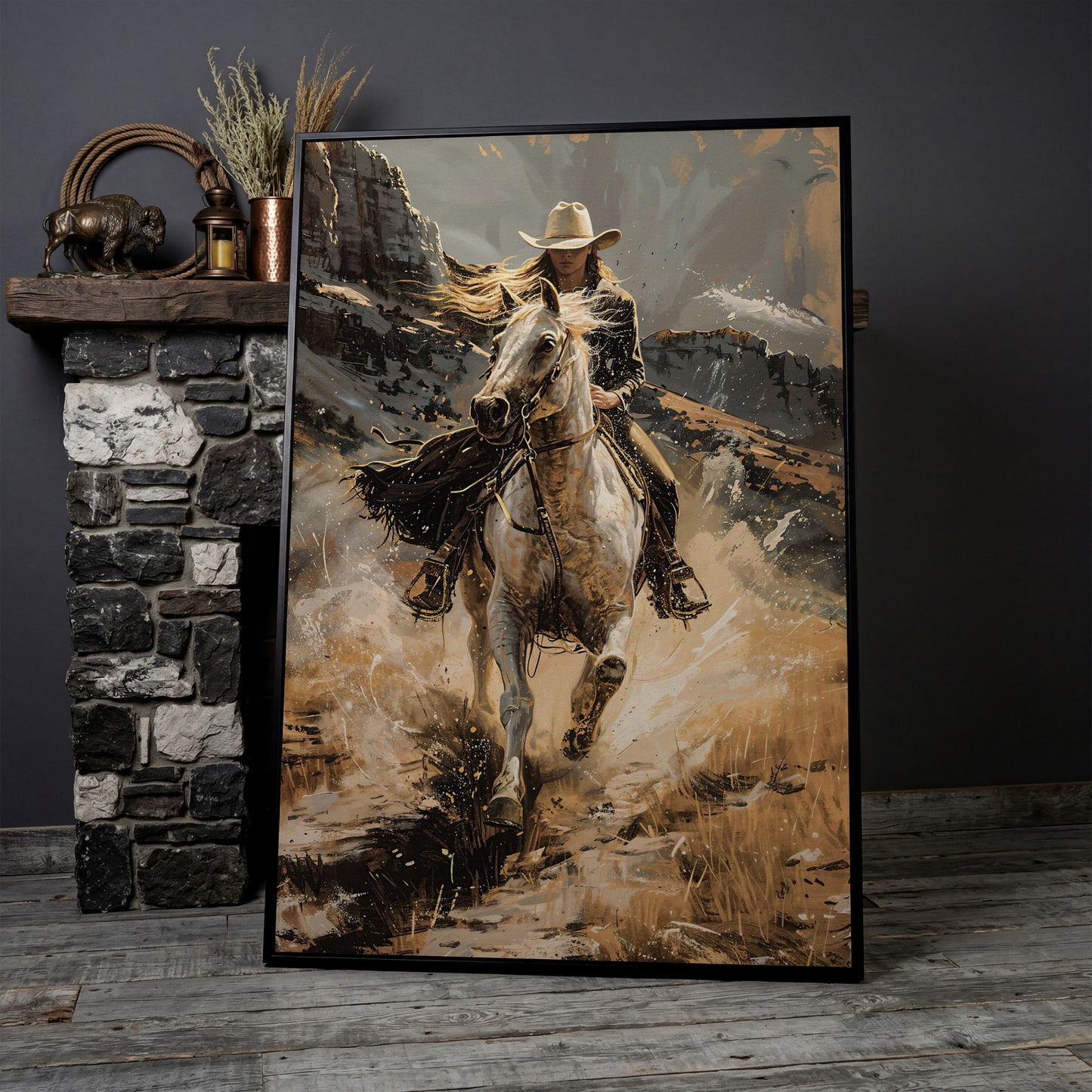 Galloping Cowgirl Canvas Print, Ochre Western Art in black floating frame