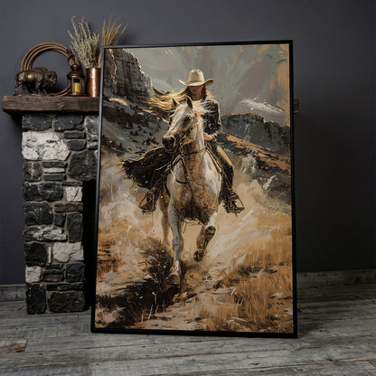 Galloping Cowgirl Canvas Print, Ochre Western Art in black floating frame