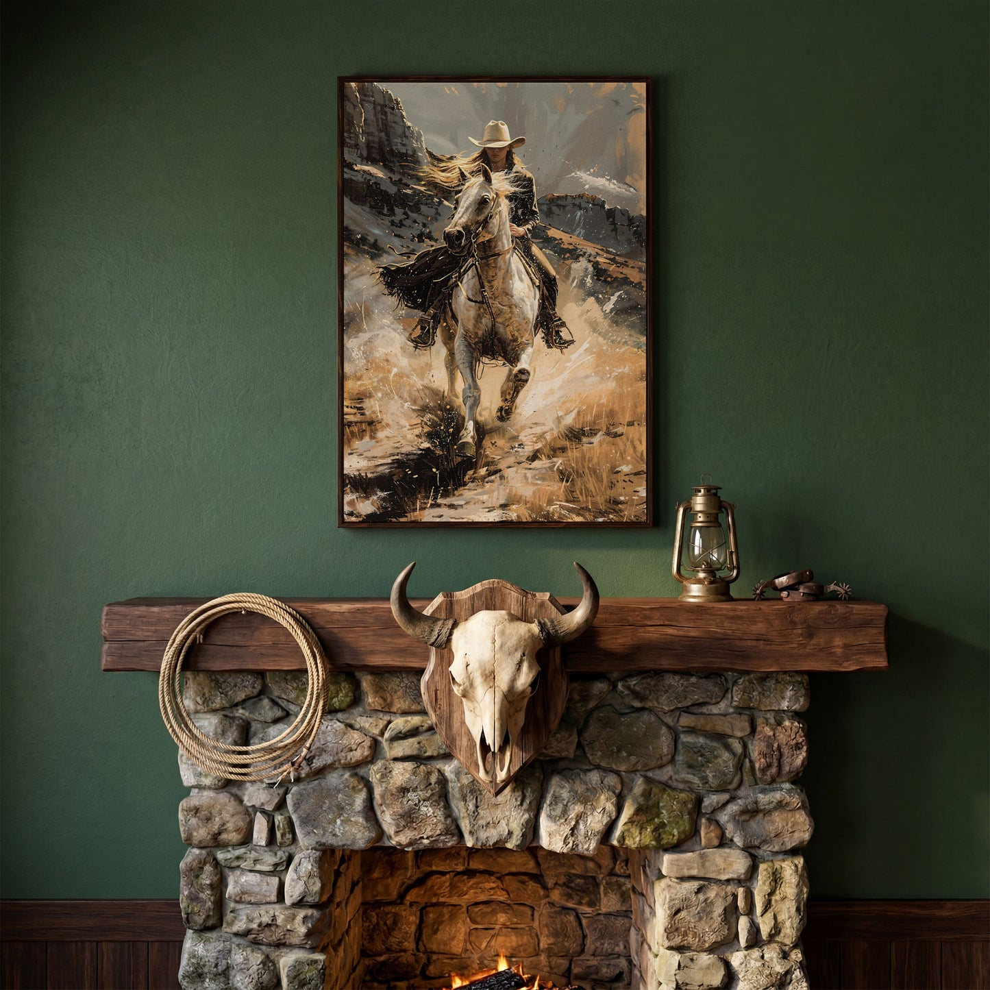 Galloping Cowgirl Canvas Print, Ochre Western Art in dark walnut floating frame