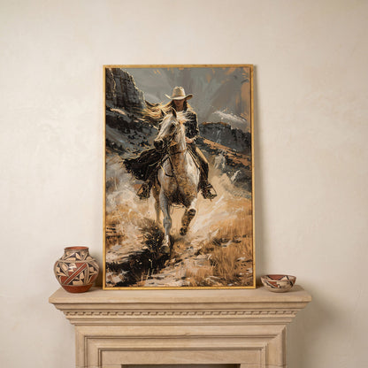 Galloping Cowgirl Canvas Print, Ochre Western Art in white oak floating frame