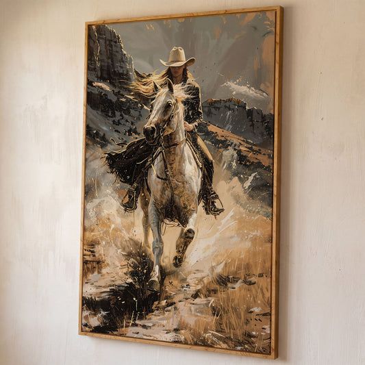 Galloping Cowgirl Canvas Print, Ochre Western Art shown in white oak floating frame