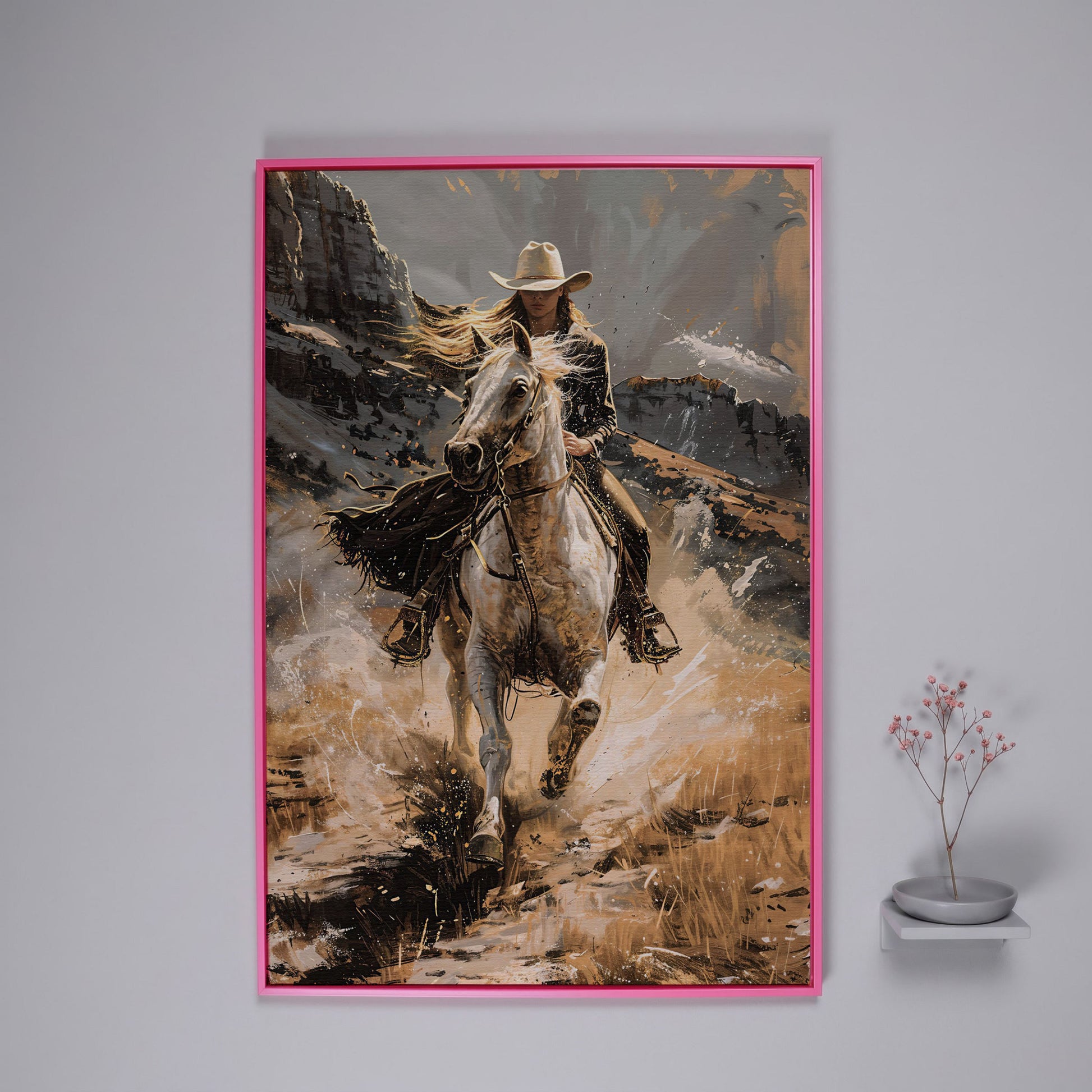 Galloping Cowgirl Canvas Print, Ochre Western Art in pink floating frame