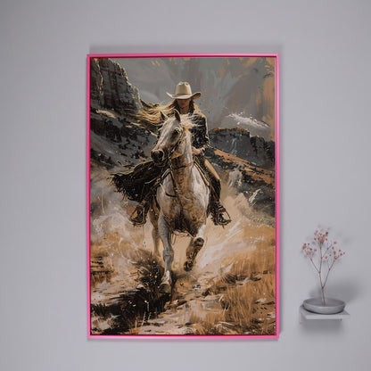 Galloping Cowgirl Canvas Print, Ochre Western Art in pink floating frame