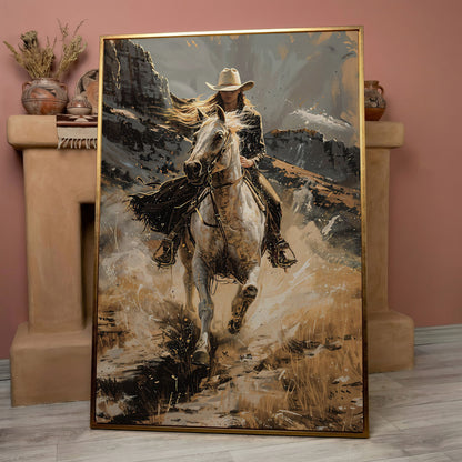Galloping Cowgirl Canvas Print, Ochre Western Art in rose gold floating frame