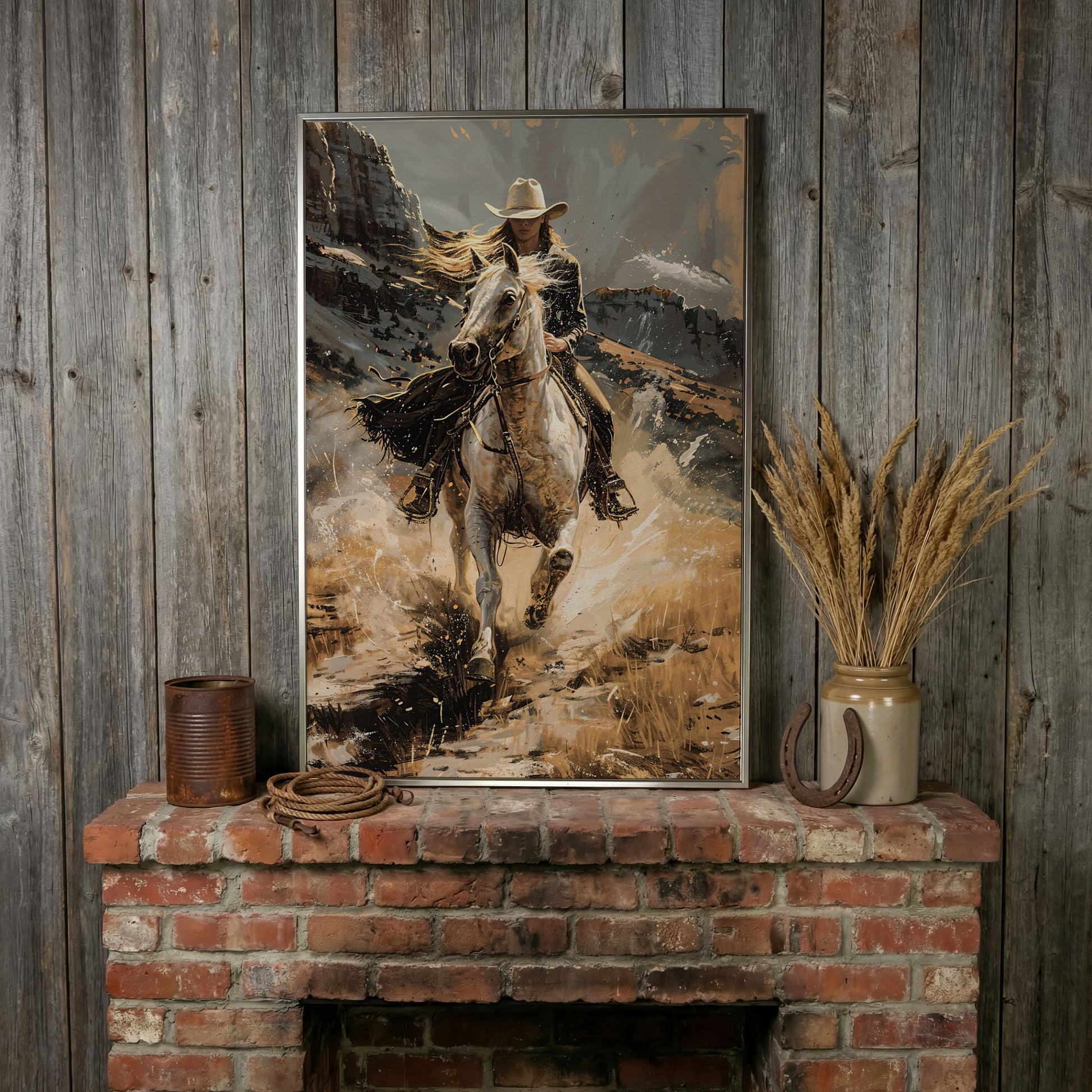 Galloping Cowgirl Canvas Print, Ochre Western Art in silver floating frame