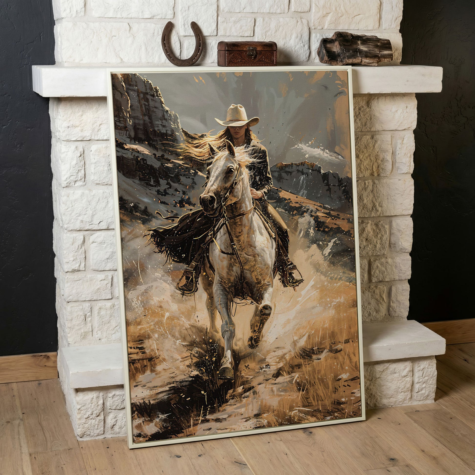 Galloping Cowgirl Canvas Print, Ochre Western Art in white floating frame