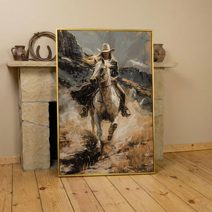 Galloping Cowgirl Canvas Print, Ochre Western Art in yellow gold floating frame