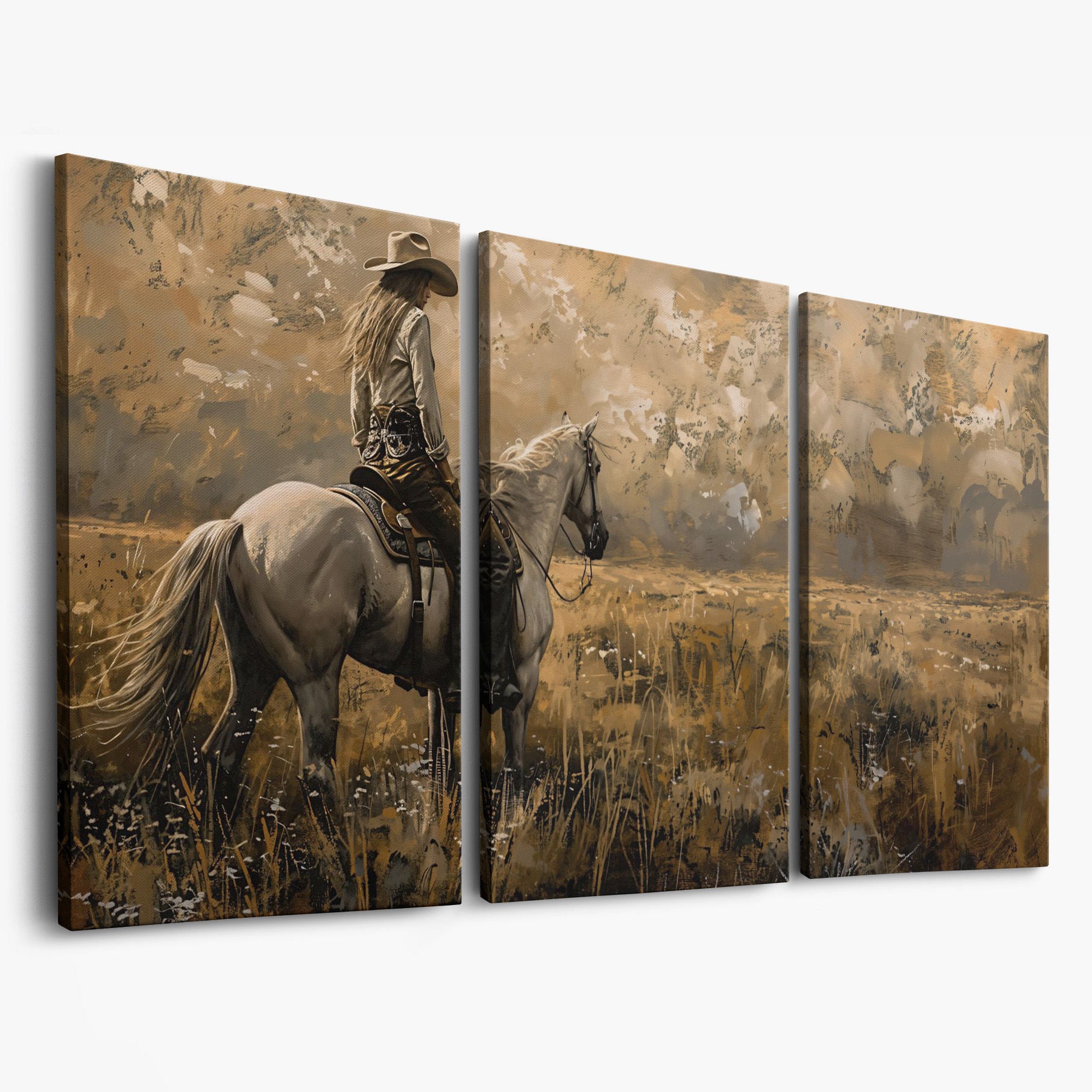 Cowgirl Riding Horse Canvas Print, Wide Panoramic Western Landscape as 3-panel split version