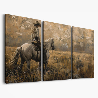 Cowgirl Riding Horse Canvas Print, Wide Panoramic Western Landscape as 3-panel split version