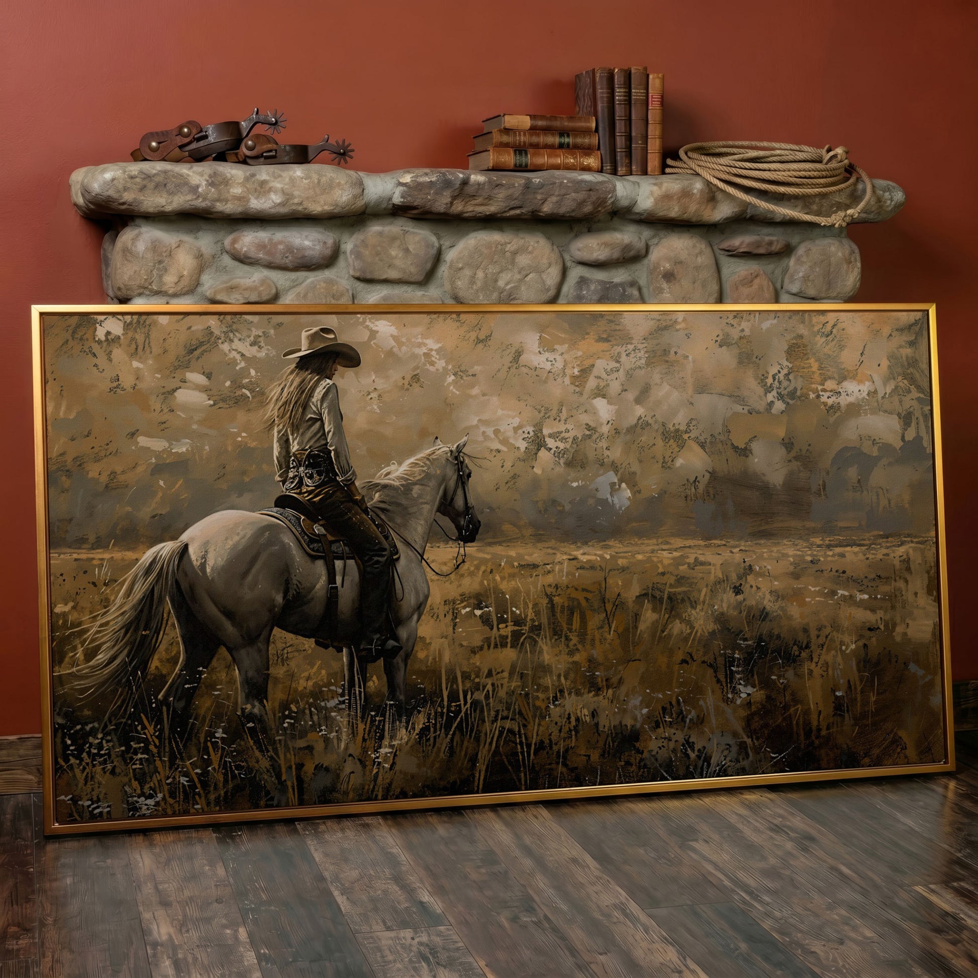 Cowgirl Riding Horse Canvas Print, Wide Panoramic Western Landscape in antique gold floating frame