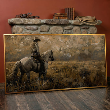 Cowgirl Riding Horse Canvas Print, Wide Panoramic Western Landscape in antique gold floating frame