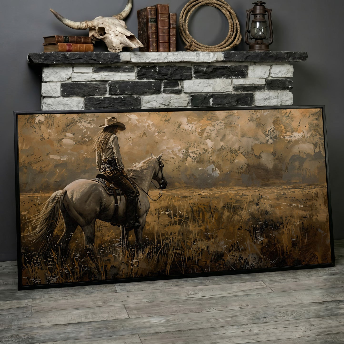 Cowgirl Riding Horse Canvas Print, Wide Panoramic Western Landscape in black floating frame