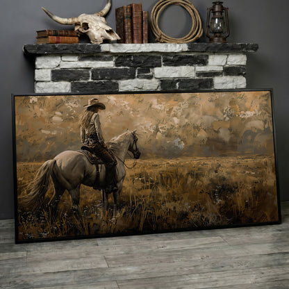 Cowgirl Riding Horse Canvas Print, Wide Panoramic Western Landscape in black floating frame