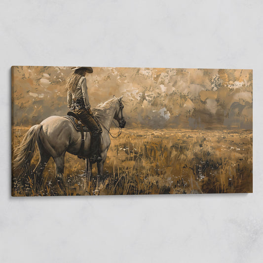 Cowgirl Riding Horse Canvas Print, Wide Panoramic Western Landscape on gallery wrap