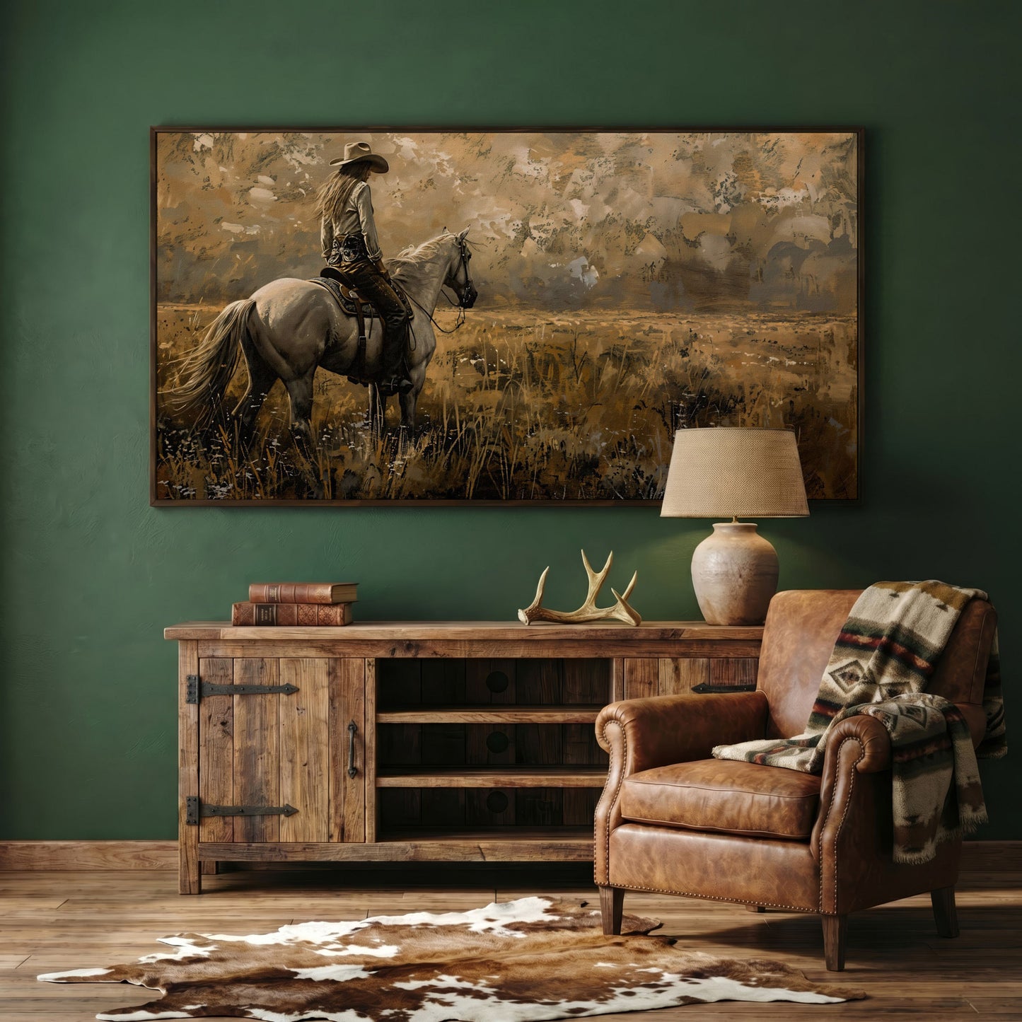 Cowgirl Riding Horse Canvas Print, Wide Panoramic Western Landscape in dark walnut floating frame