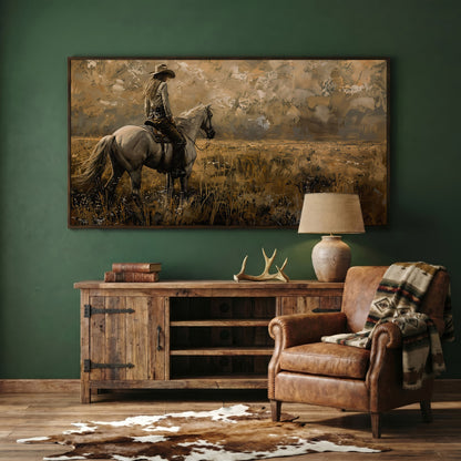 Cowgirl Riding Horse Canvas Print, Wide Panoramic Western Landscape in dark walnut floating frame