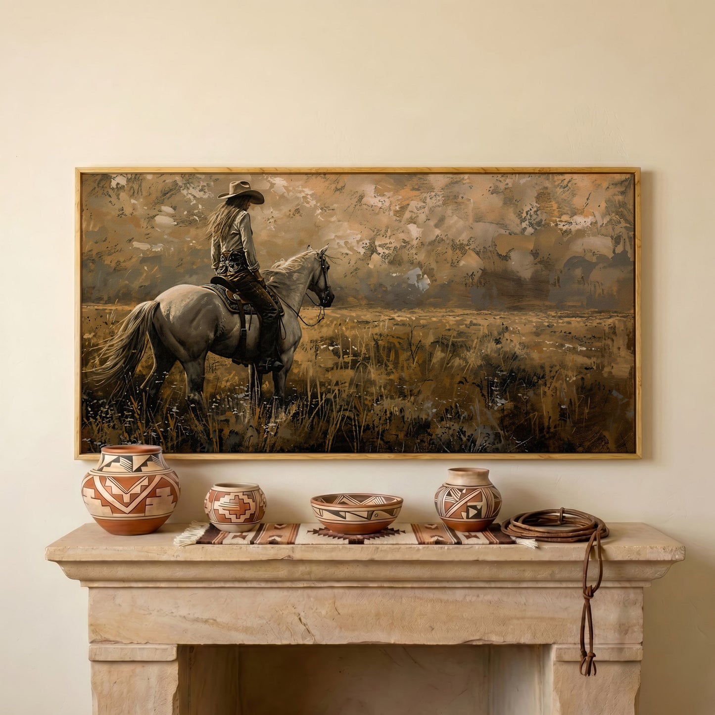 Cowgirl Riding Horse Canvas Print, Wide Panoramic Western Landscape in white oak floating frame