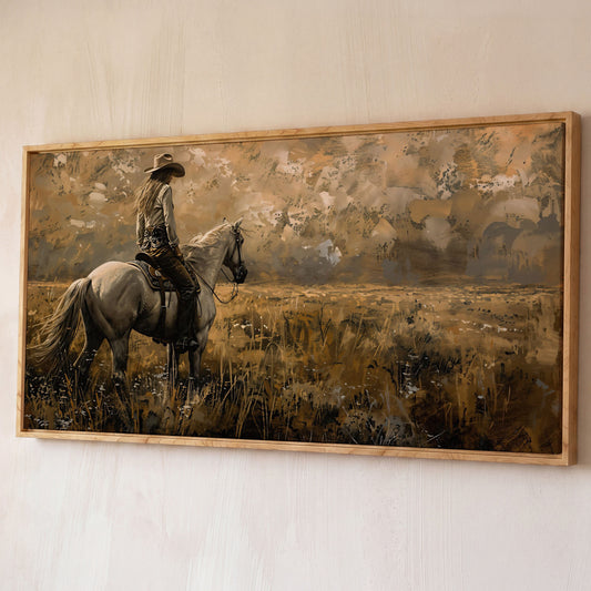 Cowgirl Riding Horse Canvas Print, Wide Panoramic Western Landscape shown in white oak floating frame