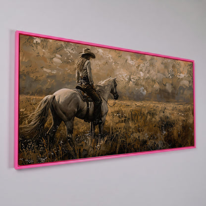 Cowgirl Riding Horse Canvas Print, Wide Panoramic Western Landscape in pink floating frame