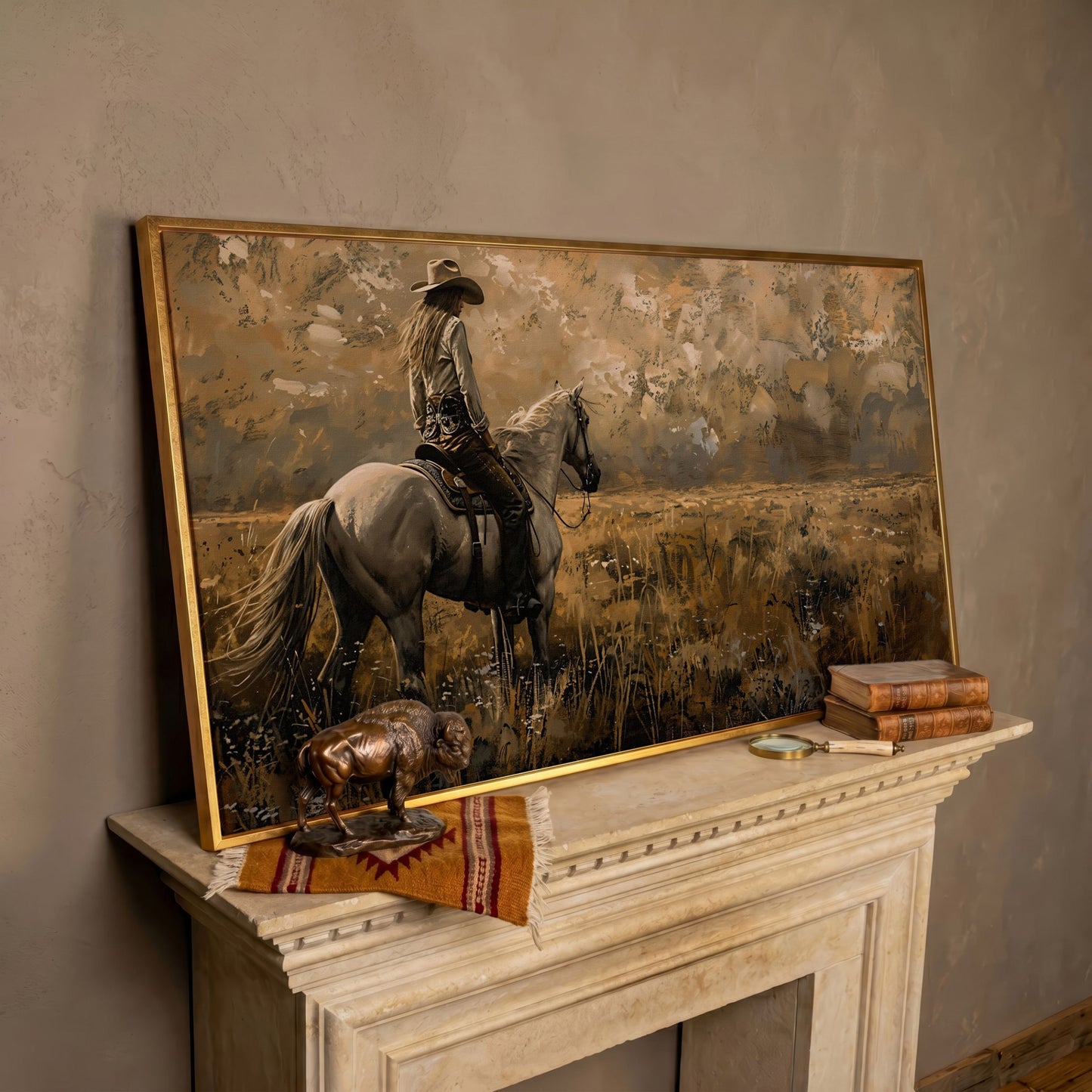 Cowgirl Riding Horse Canvas Print, Wide Panoramic Western Landscape in rose gold floating frame