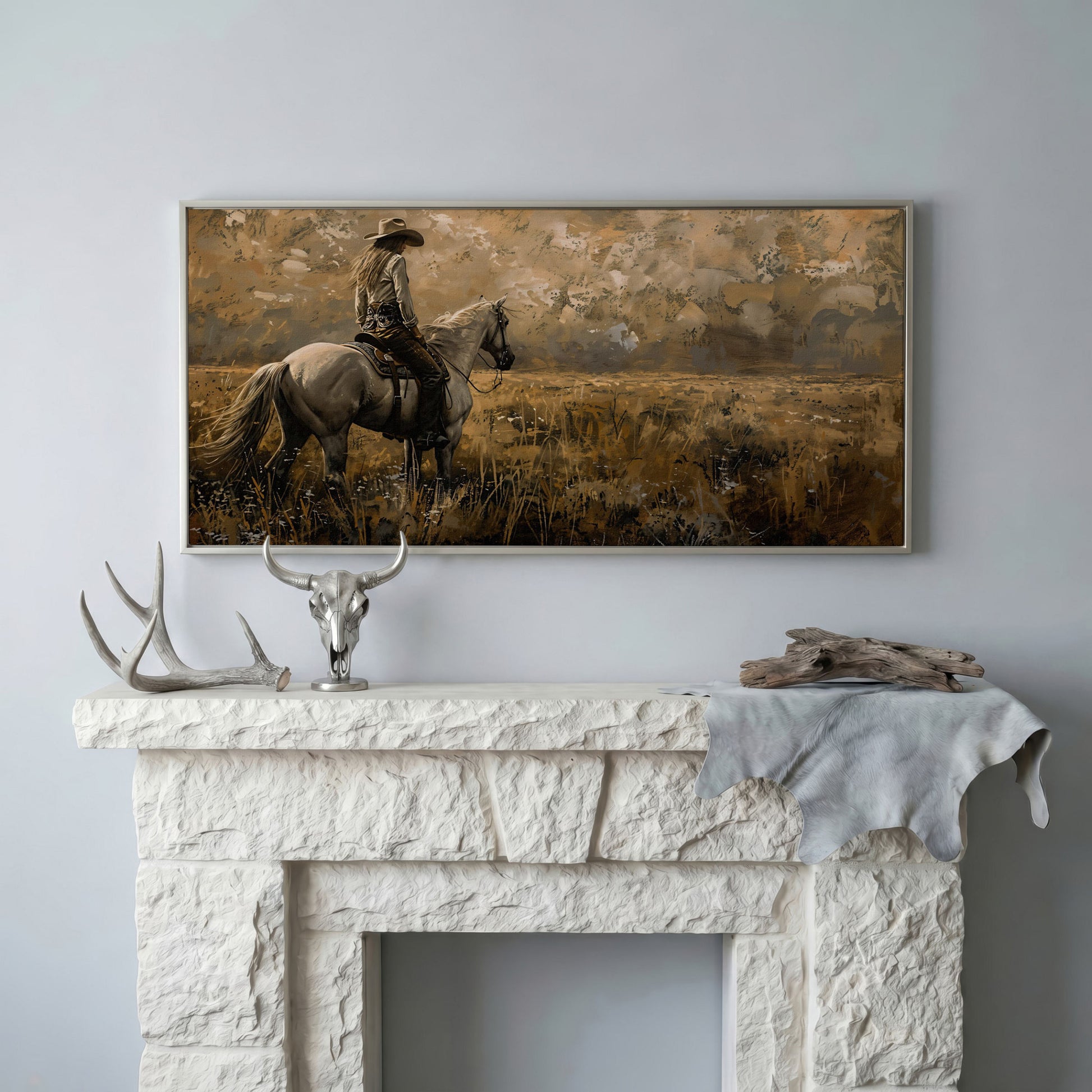 Cowgirl Riding Horse Canvas Print, Wide Panoramic Western Landscape in silver floating frame