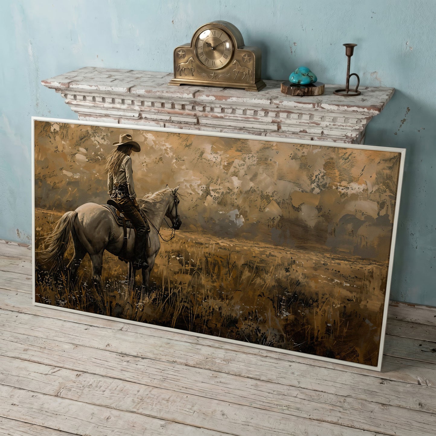 Cowgirl Riding Horse Canvas Print, Wide Panoramic Western Landscape in white floating frame