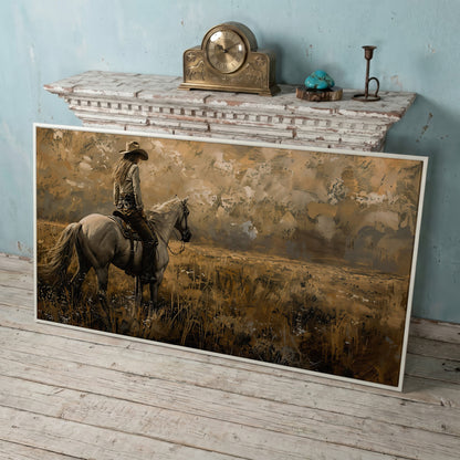 Cowgirl Riding Horse Canvas Print, Wide Panoramic Western Landscape in white floating frame