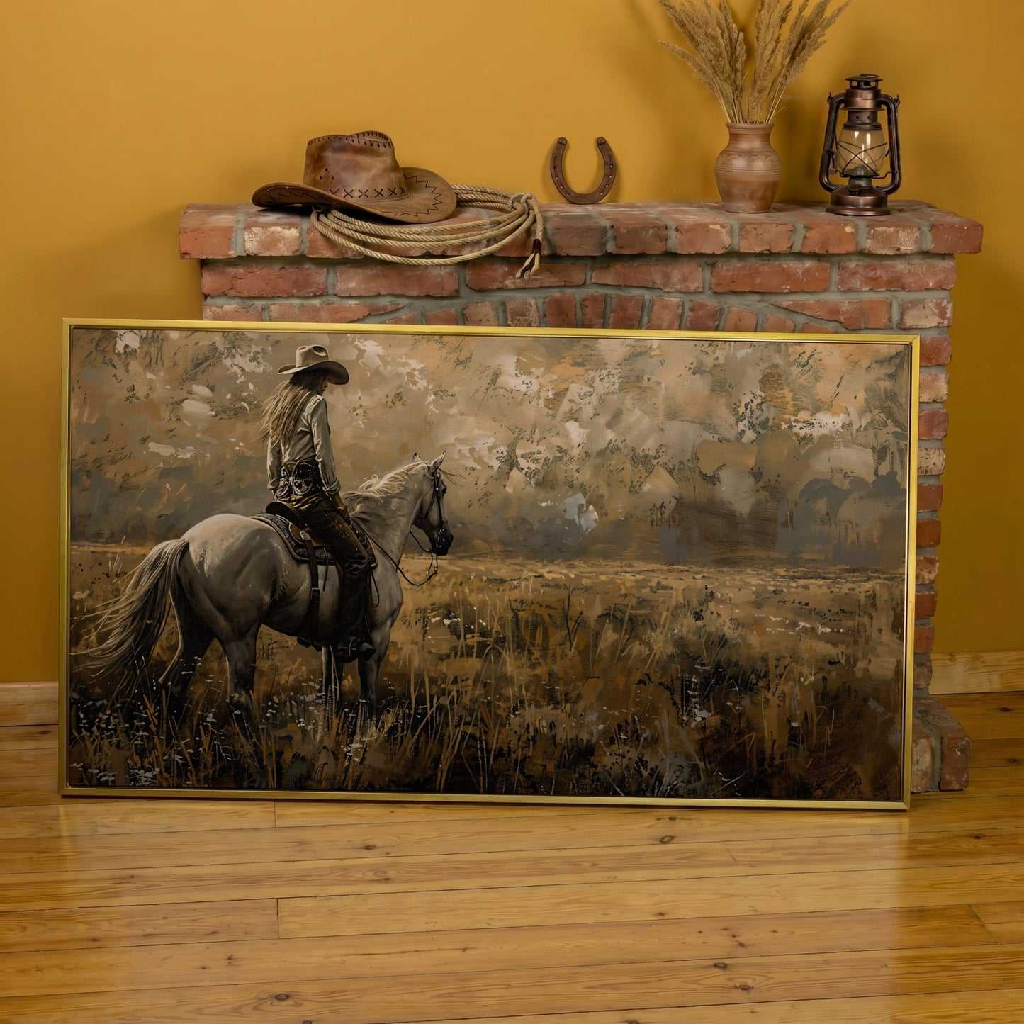 Cowgirl Riding Horse Canvas Print, Wide Panoramic Western Landscape in yellow gold floating frame
